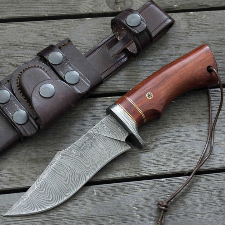 Polaris Bowie Knife - Polaris Damascus Hunting Knife with Exotic Red Heart Wood Handle - Shokunin USA