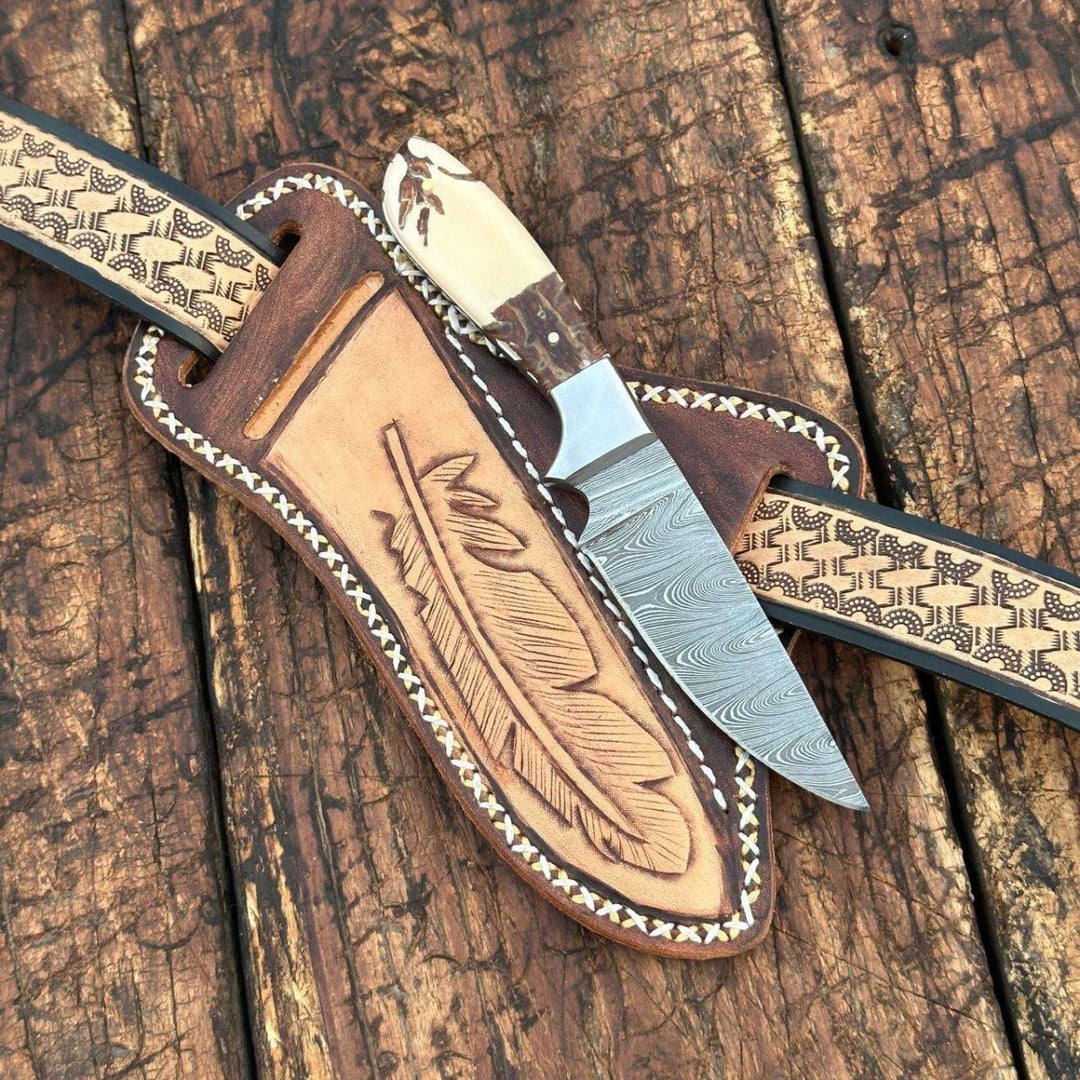 Tooled Skinning Knives – Prairie Damascus Fixed Blade Skinner Knife with Hand tooled Sheath &amp; Belt – shokuninusa