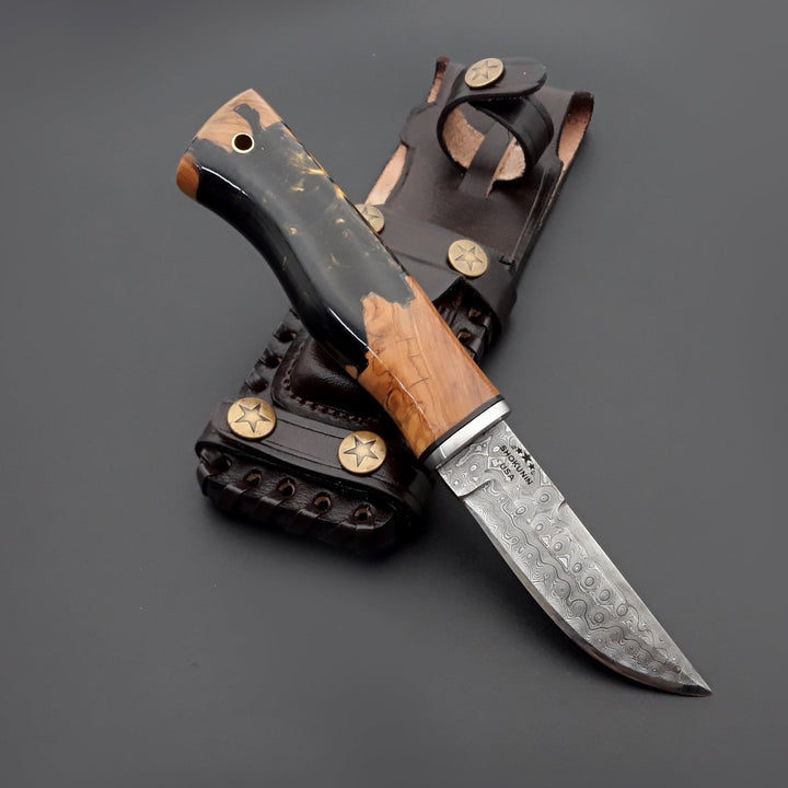 Predator Damascus Steel Knife with Exotic Olive Wood Burl &amp; Resin Handle - Shokunin USA