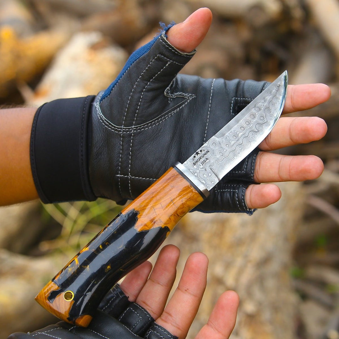 Predator Damascus Steel Knife with Exotic Olive Wood Burl &amp; Resin Handle - Shokunin USA