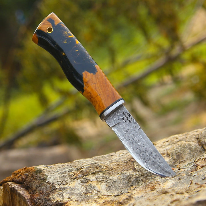 Predator Damascus Steel Knife with Exotic Olive Wood Burl &amp; Resin Handle - Shokunin USA