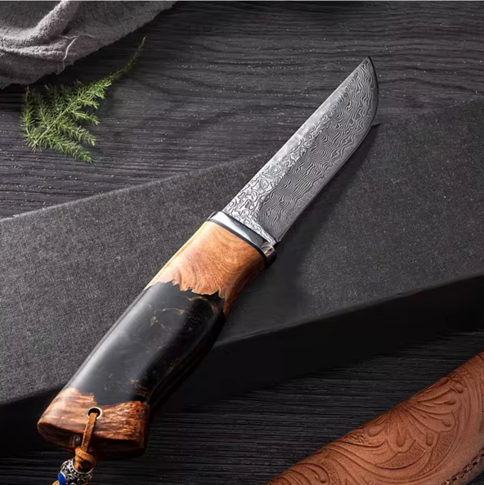 Predator Damascus Steel Knife with Exotic Olive Wood Burl &amp; Resin Handle - Shokunin USA