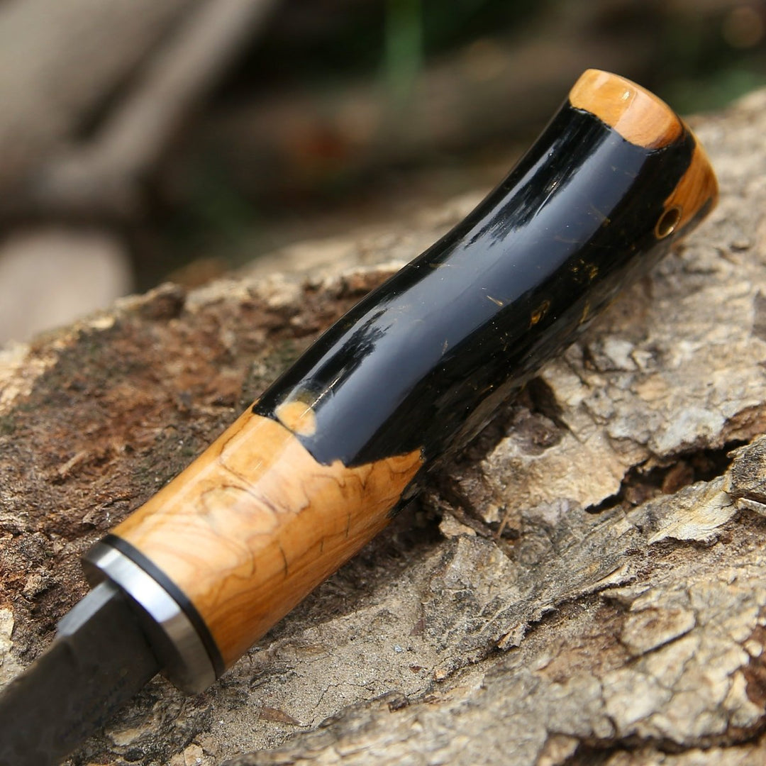 Predator Damascus Steel Knife with Exotic Olive Wood Burl &amp; Resin Handle - Shokunin USA