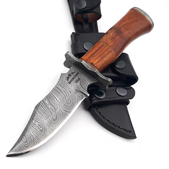 Hornet Custom Damascus Hunting Knife with Exotic Rose Wood Handle & Sheath