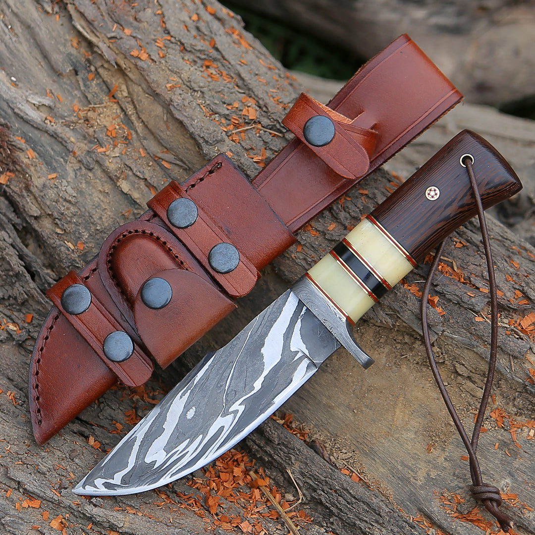 Nova Damascus Hunting Knife with Bone & Exotic Wenge Wood Handle