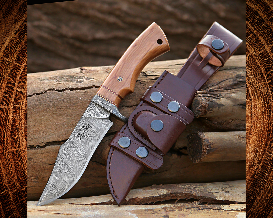 Avatar Damascus Hunting Knife with Exotic Olive Wood Handle