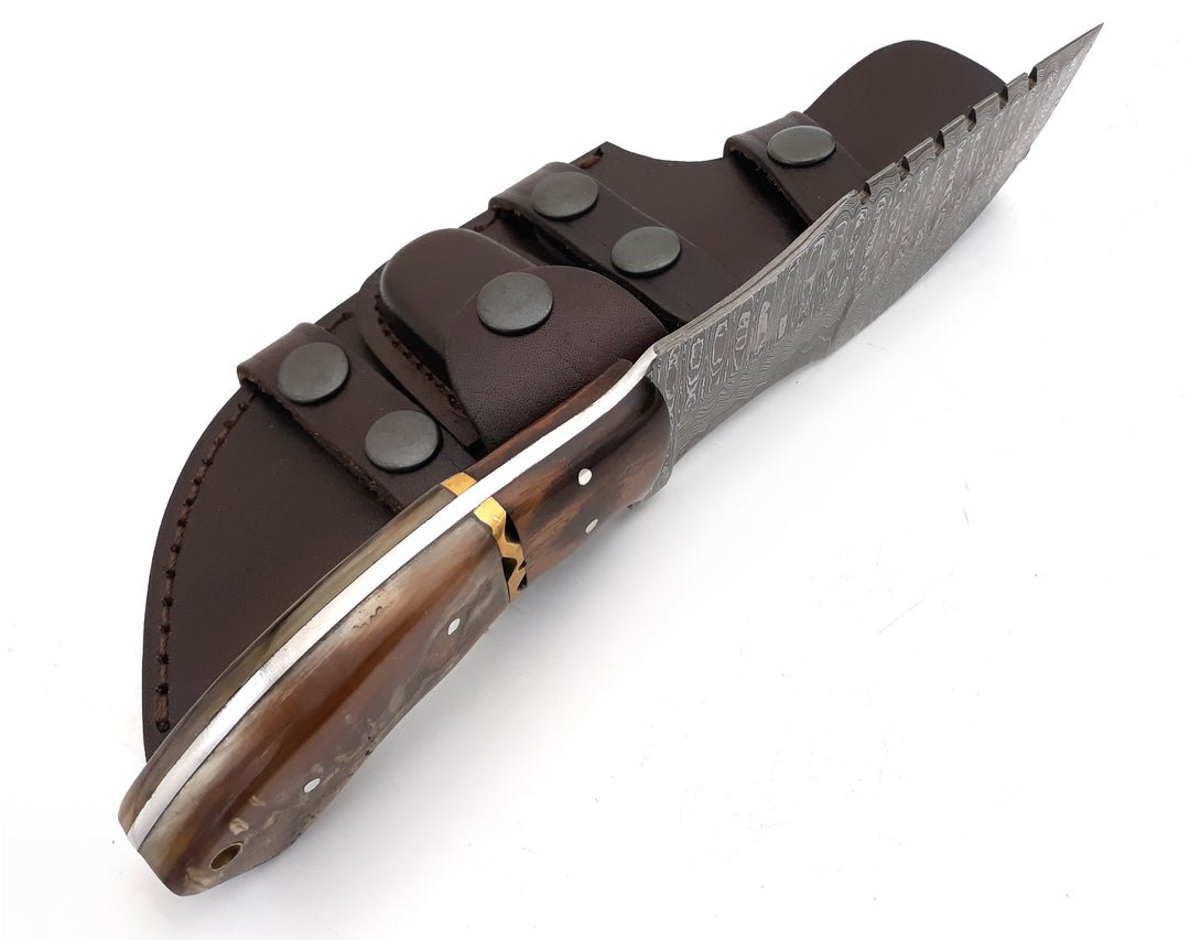 Blast Damascus Tracker Knife with Ram Horn Handle