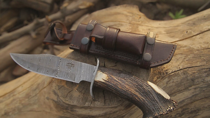 Wildfire Damascus Bowie Knife with Stag Horn Handle