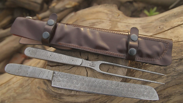 Silverstar Handmade Damascus Steel Carving Knife & Fork Set with Leather Knife Roll