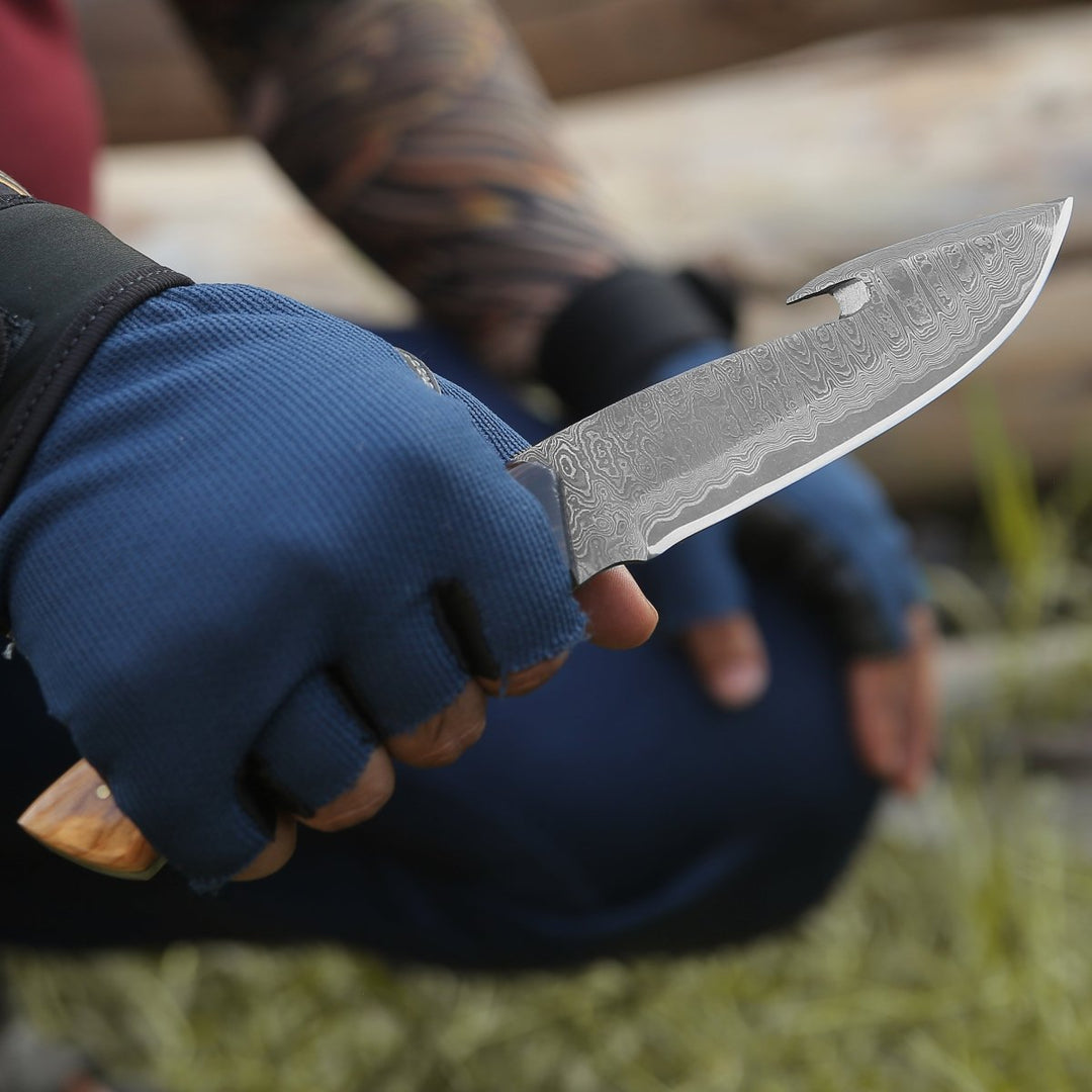 PrimalEdge Hunting Knives - PrimalEdge Damascus Gut Hook Knife with Exotic Wenge Wood and Turquoise - Shokunin USA