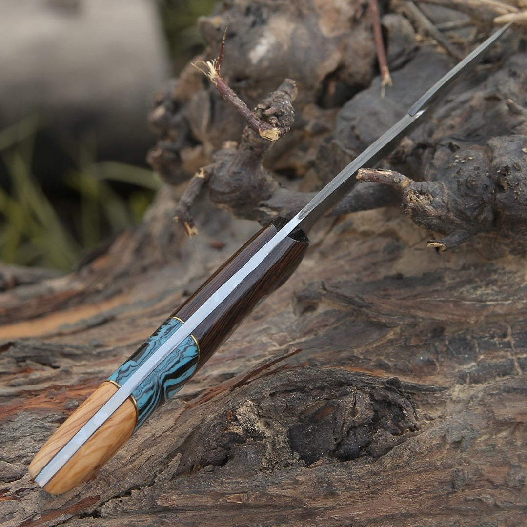 PrimalEdge Skinning Knife - PrimalEdge Damascus Gut Hook Knife with Exotic Wenge Wood and Turquoise Handle - Shokunin USA