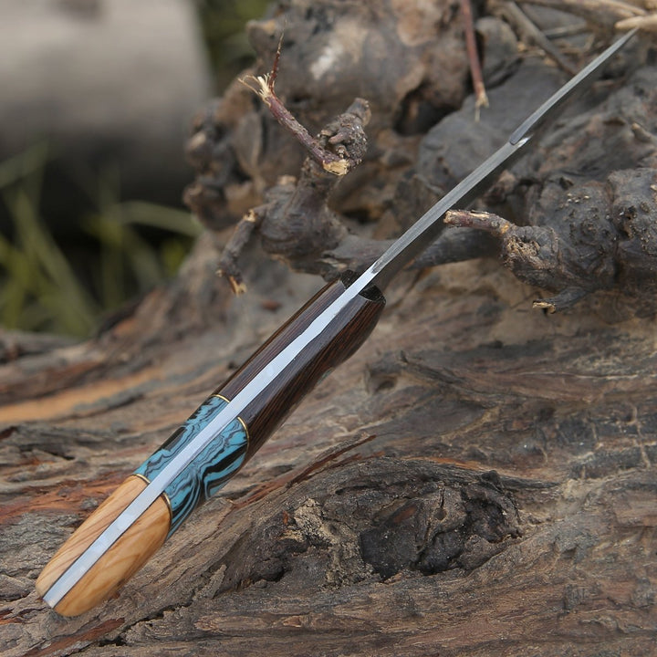 PrimalEdge Skinning Knife - PrimalEdge Damascus Gut Hook Knife with Exotic Wenge Wood and Turquoise Handle - Shokunin USA