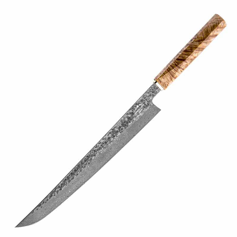 Prime Damascus - Prime Custom Japanese Slicer Knife with Exotic Olive Wood Burl Handle - Shokunin USA