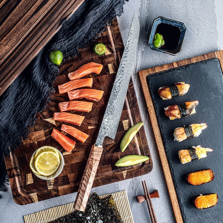 Prime Kitchen Knife - Prime Custom Japanese Slicer Knife with Exotic Olive Wood Burl Handle - Shokunin USA