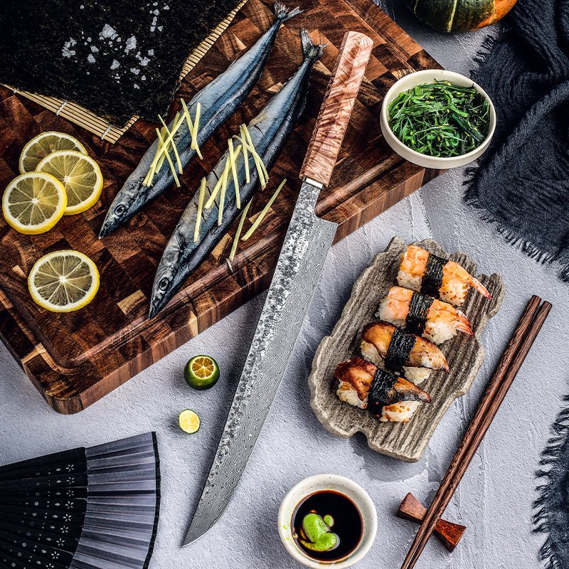 Prime Chef Knives - Prime Custom Japanese Slicer Knife with Exotic Olive Wood Burl Handle - Shokunin USA