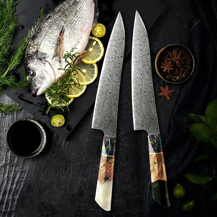 VG10 Damascus Knife – Pristine Japanese VG10 Damascus Chef Knife with Olive Burl Wood Handle – shokuninusa