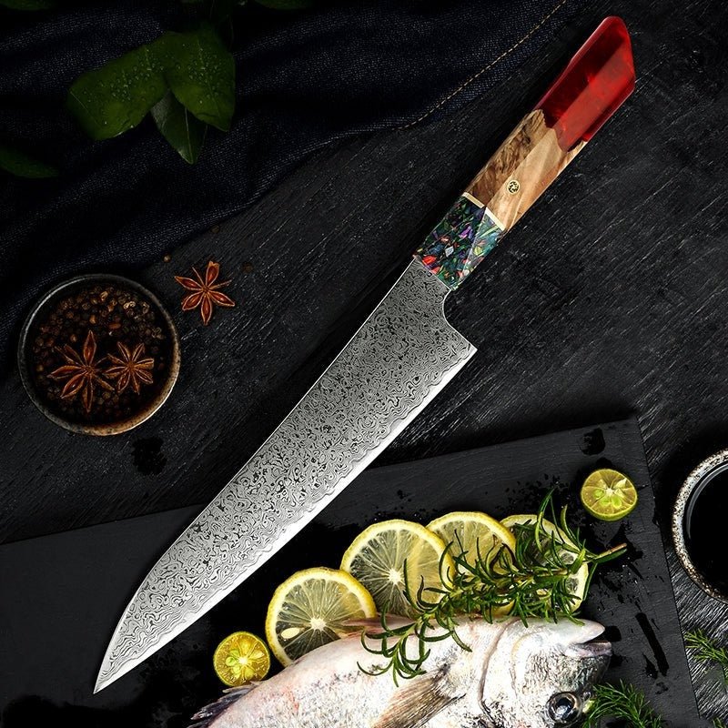 VG10 Chef Knife – Pristine Japanese VG10 Damascus Chef Knife with Olive Burl Wood Handle – shokuninusa