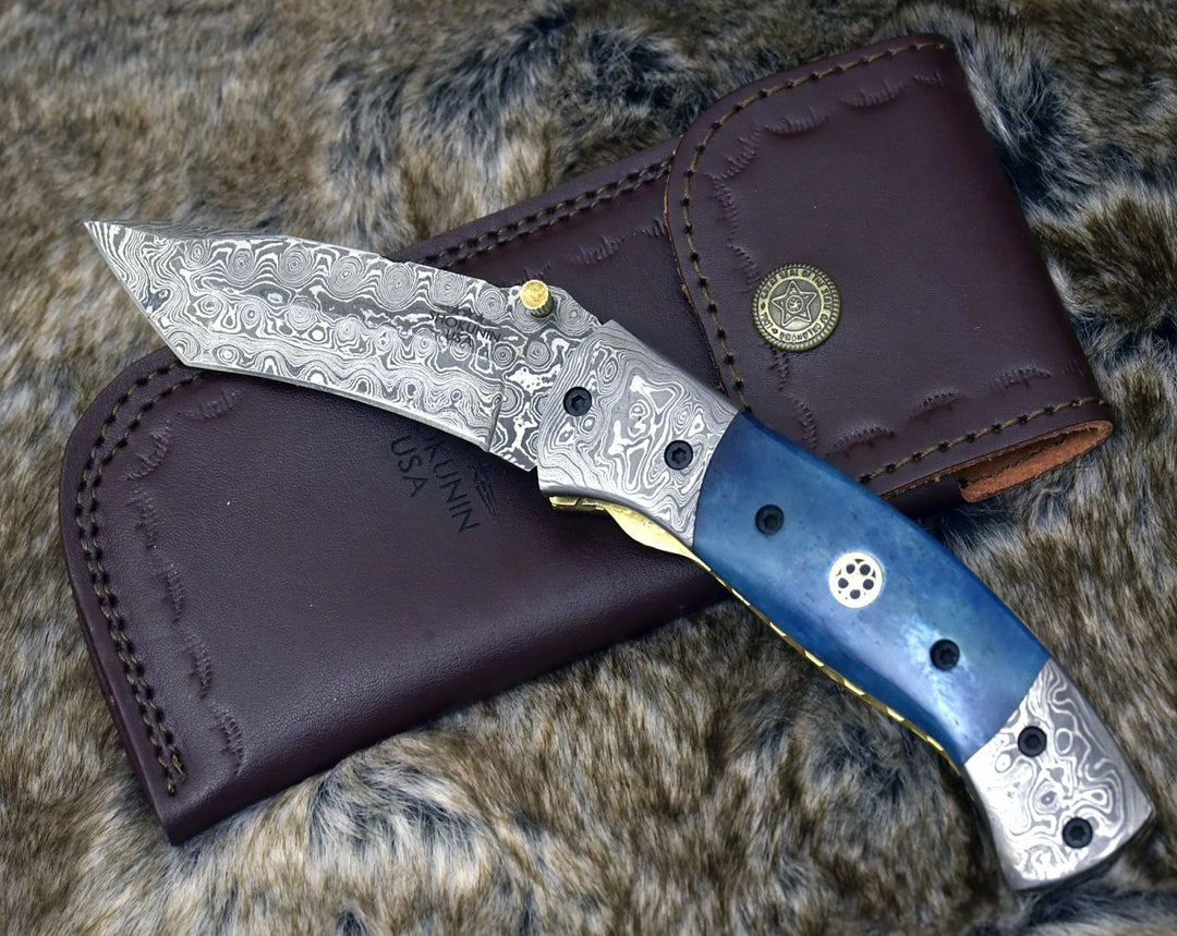 Handmade Tanto Knives – Prudence Tanto Blade Handmade Damascus Folding Pocket Knife with Bone Handle – shokuninusa