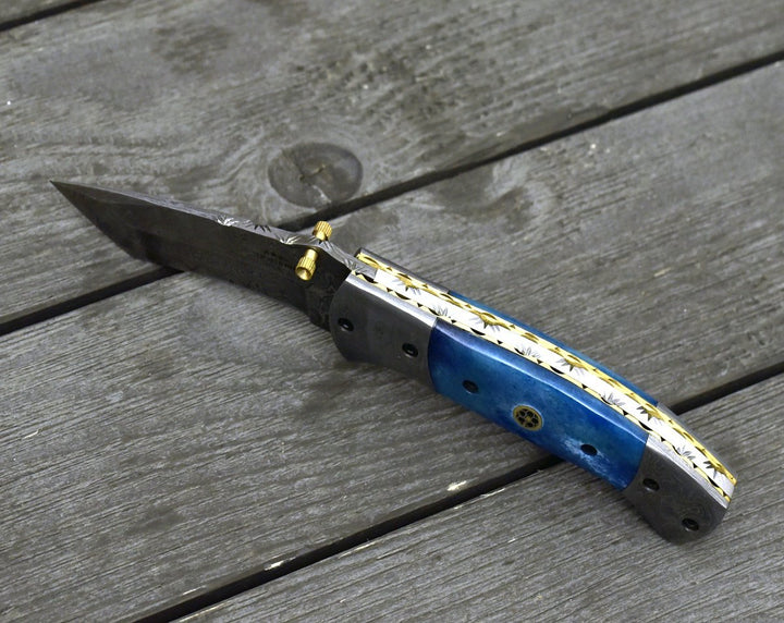 Folding Tanto Knives – Prudence Tanto Blade Handmade Damascus Folding Pocket Knife with Bone Handle – shokuninusa