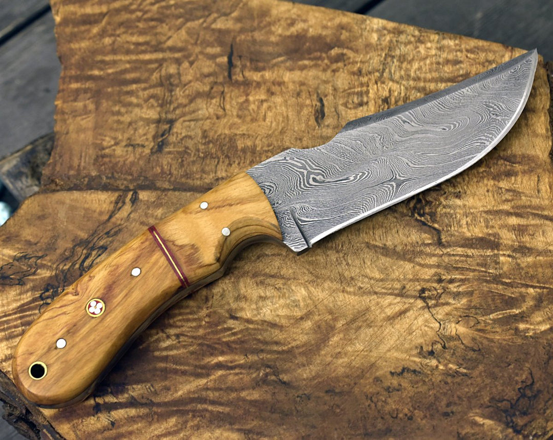 Puma Knife - Puma Damascus Steel Hunting Knife Olive Wood Handle &amp; Sheath - Shokunin USA
