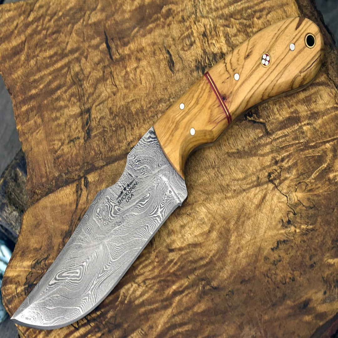 Hunting Gifts - Puma Damascus Steel Hunting Knife Olive Wood Handle & Sheath - Shokunin USA