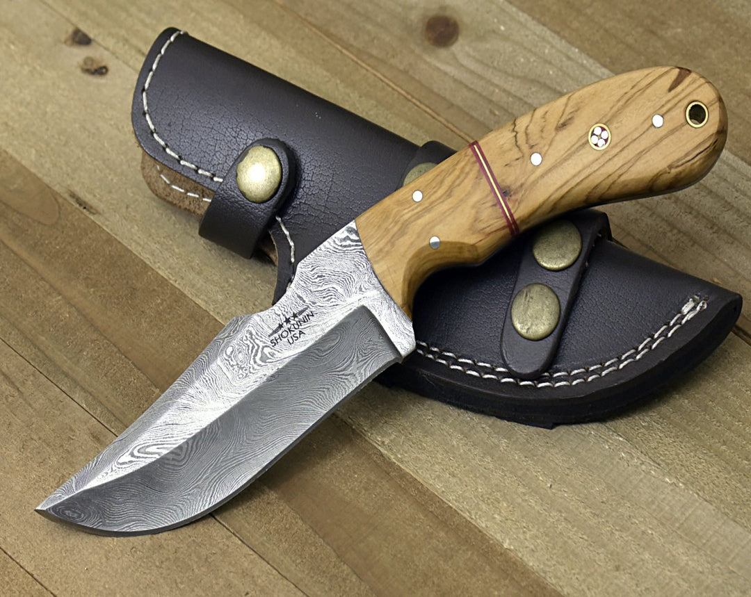 Custom Skinning Knife - Puma Damascus Steel Hunting Knife Olive Wood Handle &amp; Sheath - Shokunin USA