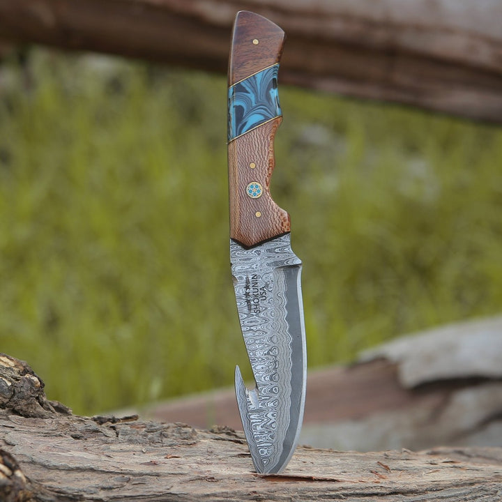 Python Skinning Knives – Python Damascus Gut Hook Knife with Exotic Leopard Wood &amp; Turquoise Handle – shokuninusa