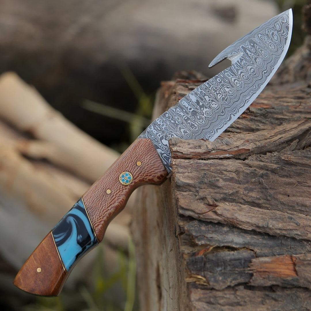 Python Skinner Knife – Python Damascus Gut Hook Knife with Exotic Leopard Wood &amp; Turquoise Handle – shokuninusa