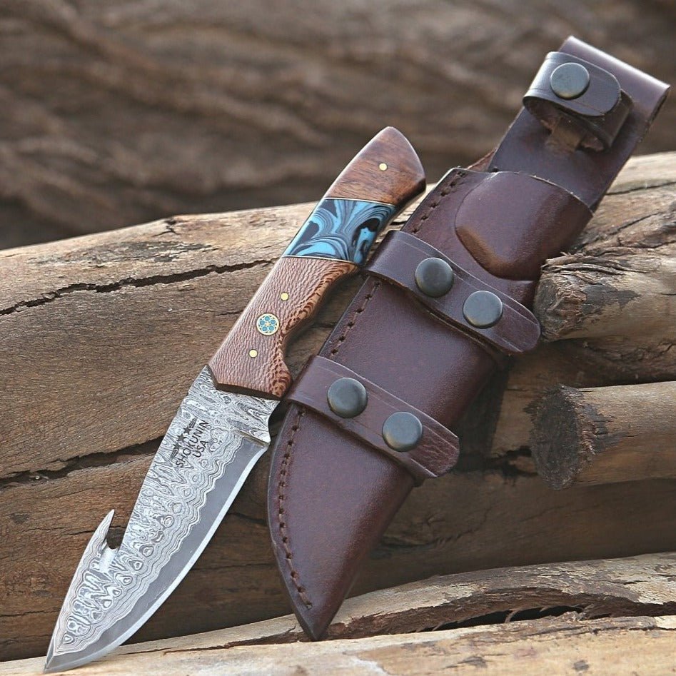 Python Knife – Python Damascus Gut Hook Knife with Exotic Leopard Wood & Turquoise Handle – shokuninusa