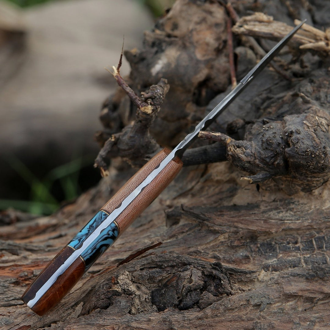 Python Skinner Knives – Python Damascus Gut Hook Knife with Exotic Leopard Wood &amp; Turquoise Handle – shokuninusa