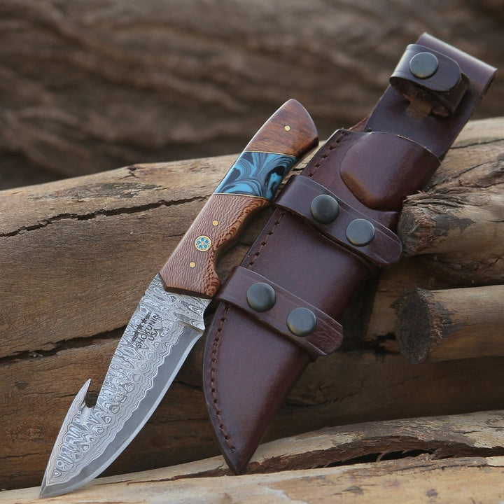 Python Gut Hook – Python Damascus Gut Hook Knife with Exotic Leopard Wood &amp; Turquoise Handle – shokuninusa