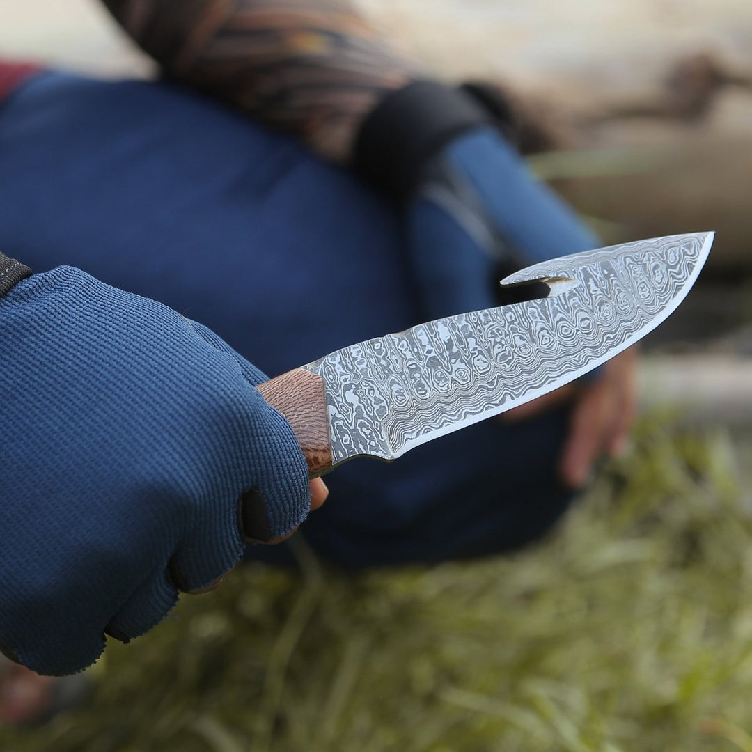 Python Skinning Knife – Python Damascus Gut Hook Knife with Exotic Leopard Wood &amp; Turquoise Handle – shokuninusa