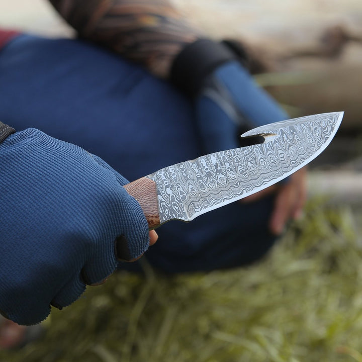 Python Skinning Knife – Python Damascus Gut Hook Knife with Exotic Leopard Wood &amp; Turquoise Handle – shokuninusa