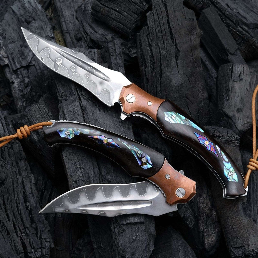 Quest Pocket Knives – Quest Damascus Pocket Knife with Ebony Wood, Timascus &amp; Abalone Shell Handle – shokuninusa