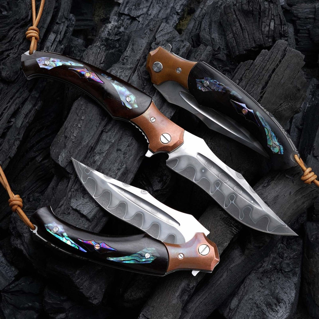 Quest Damascus Pocket Knife with Ebony Wood, Timascus &amp; Abalone Shell Handle - Shokunin USA