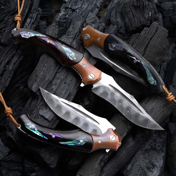 Quest Damascus Pocket Knife with Ebony Wood, Timascus &amp; Abalone Shell Handle - Shokunin USA