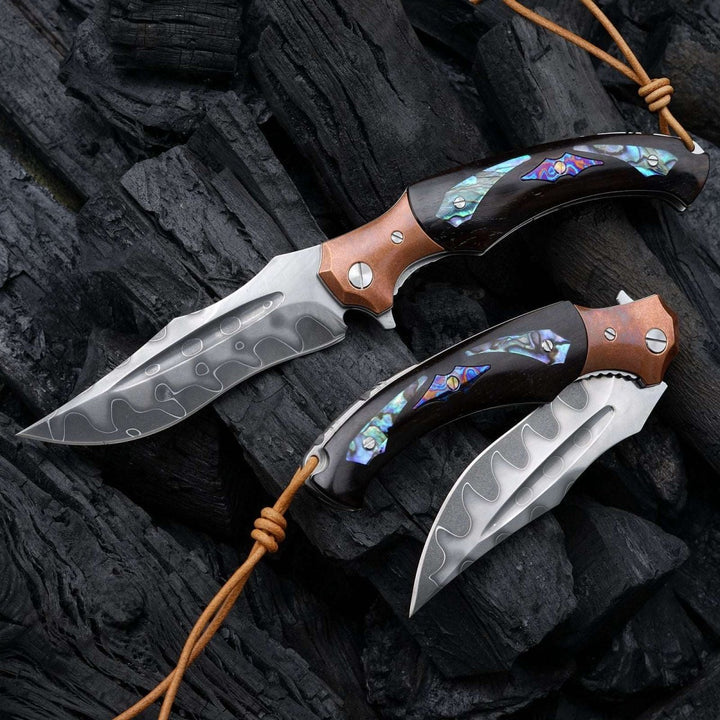 Folding Camp Knives – Quest Damascus Pocket Knife with Ebony Wood, Timascus &amp; Abalone Shell Handle – shokuninusa