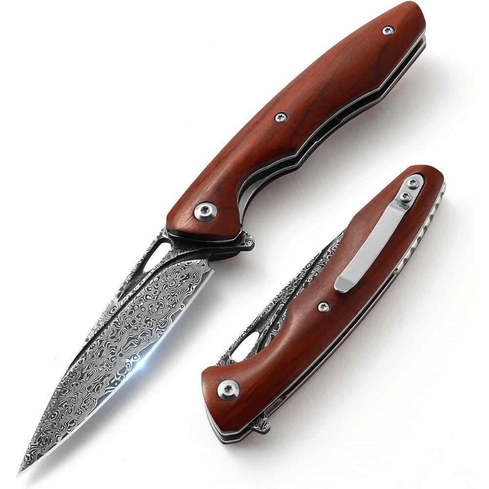 Quicksilver Handmade Japanese Damascus Pocket Knife with Exotic Red Sandalwood Handle - Shokunin USA