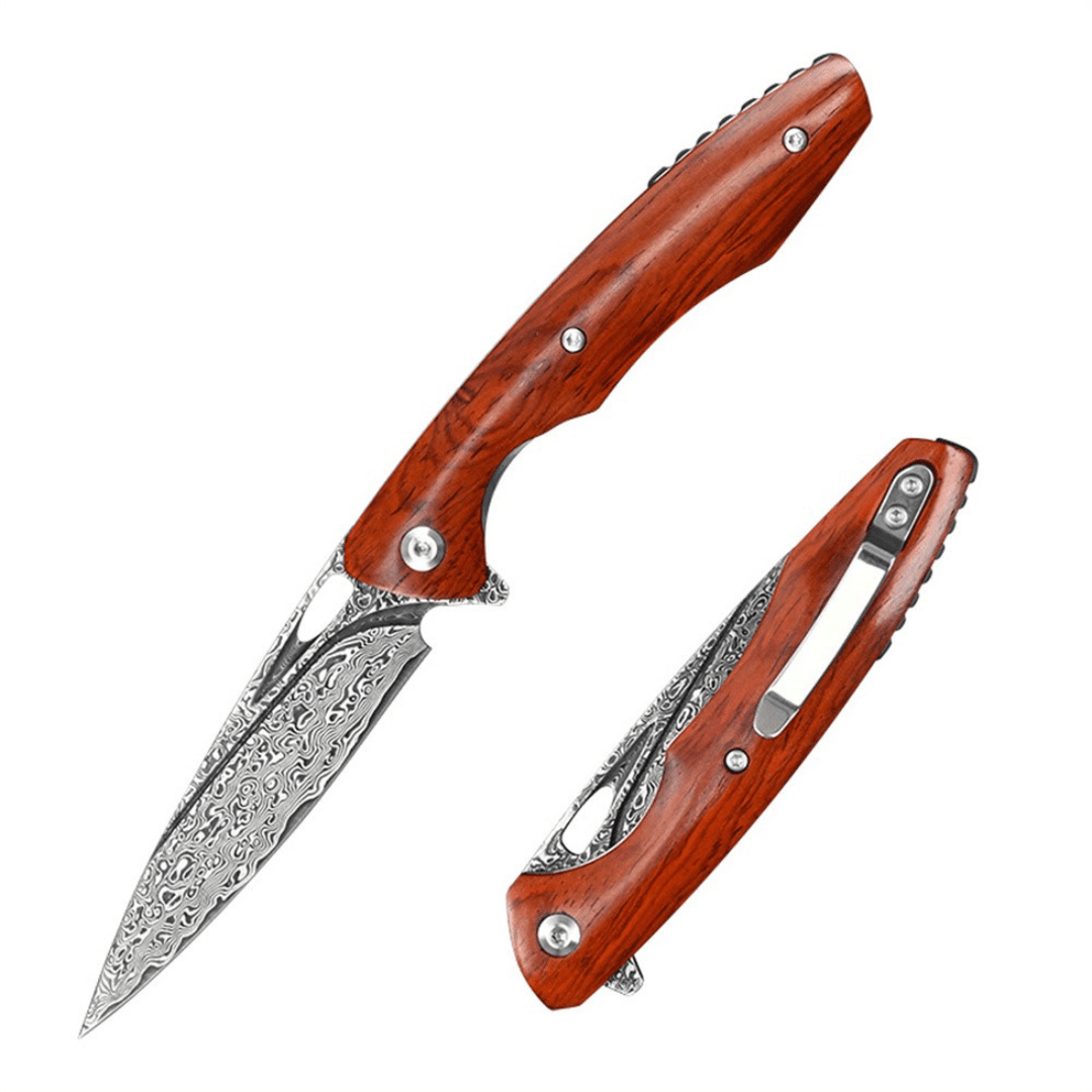 Quicksilver Hunting Knives – Quicksilver Handmade Japanese Damascus Pocket Knife with Exotic Red Sandalwood Handle – shokuninusa