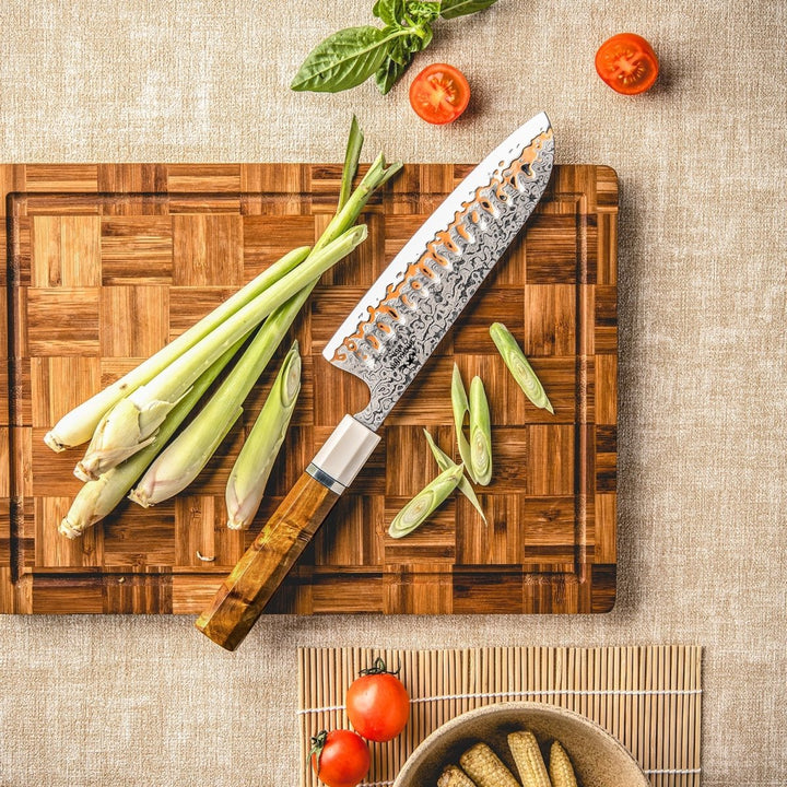 Raiden Japanese knives - Raiden Handmade Japanese Santoku Knife - Exotic Rosewood Burl Composite Handle - Shokunin USA