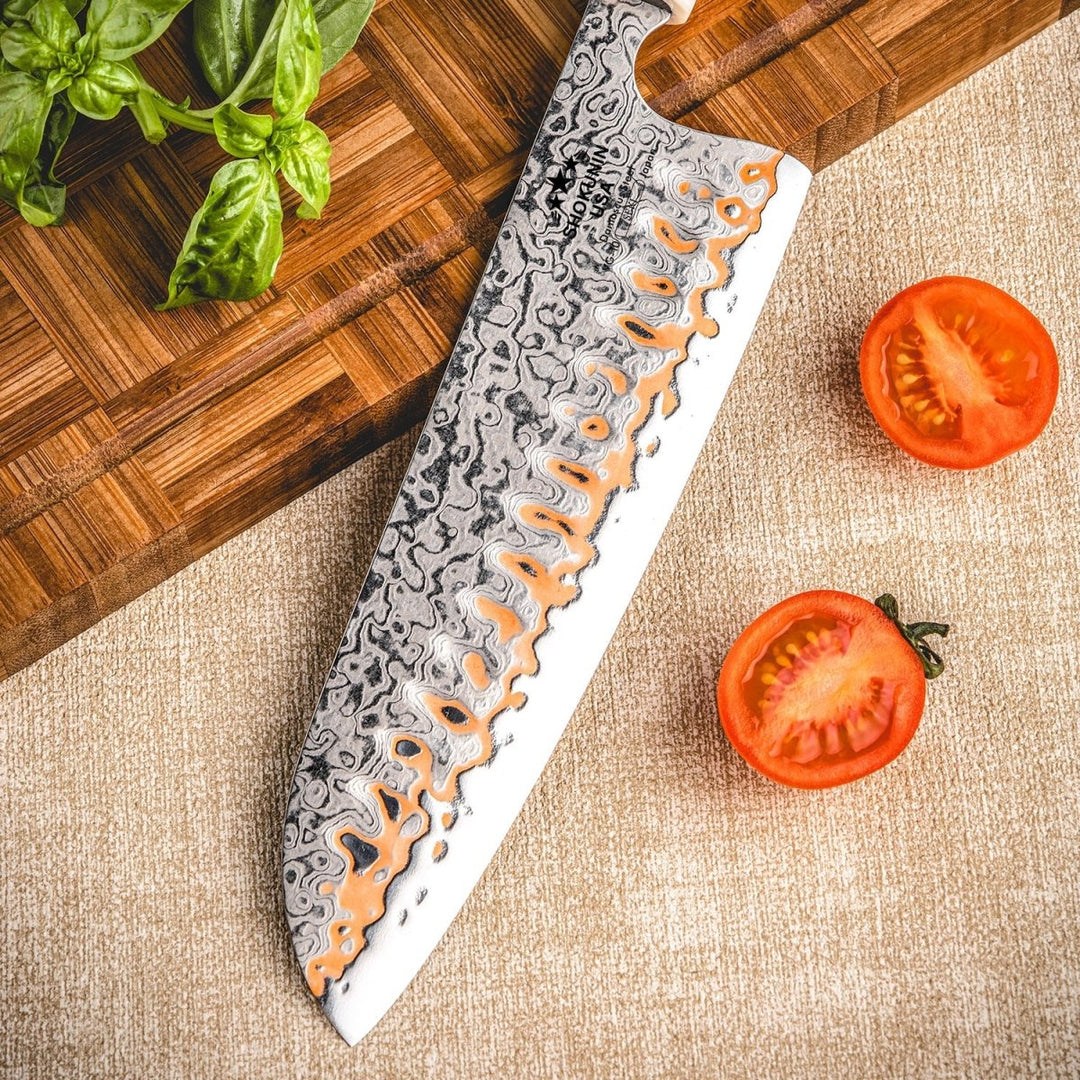 Raiden Santoku Knife - Raiden Handmade Japanese Santoku Knife - Exotic Rosewood Burl Composite Handle - Shokunin USA