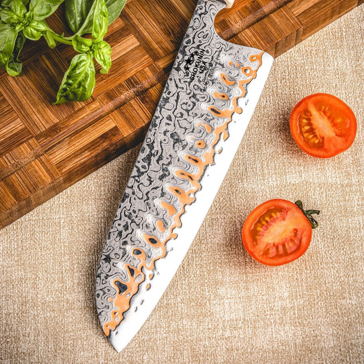 Raiden Santoku Knife - Raiden Handmade Japanese Santoku Knife - Exotic Rosewood Burl Composite Handle - Shokunin USA