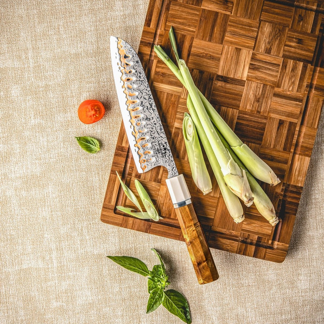 Raiden Japanese Handle - Raiden Handmade Japanese Santoku Knife - Exotic Rosewood Burl Composite Handle - Shokunin USA