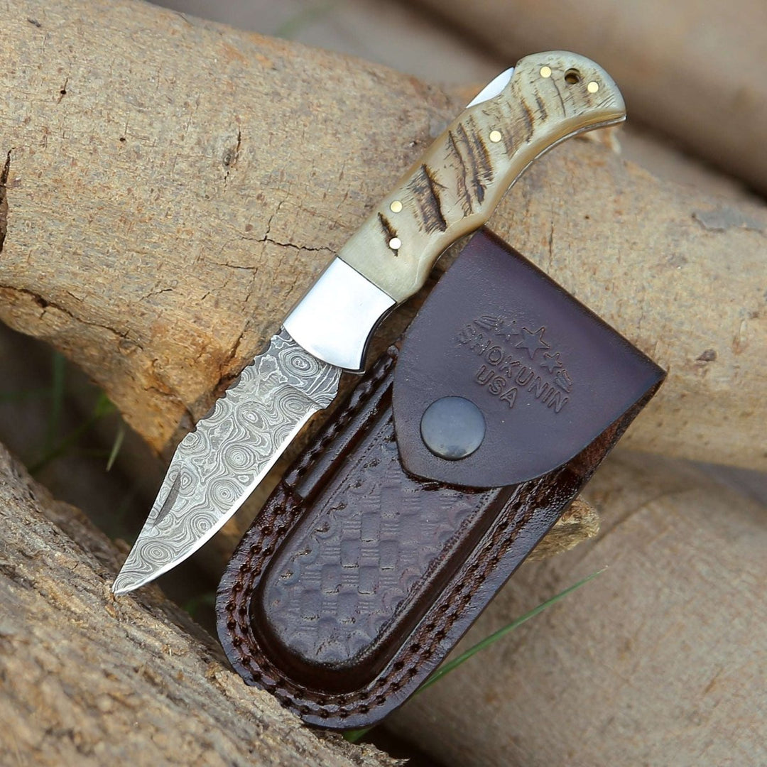 Ram Damascus Pocket Knife with Exotic Ram Horn Handle & Leather Sheath - Shokunin USA