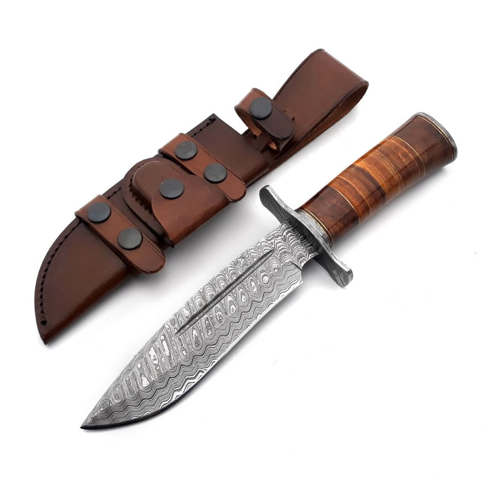 Rambo Bowie Knives – Rambo Damascus Bowie Knife with Exotic Rosewood &amp; Stacked Leather Handle – shokuninusa