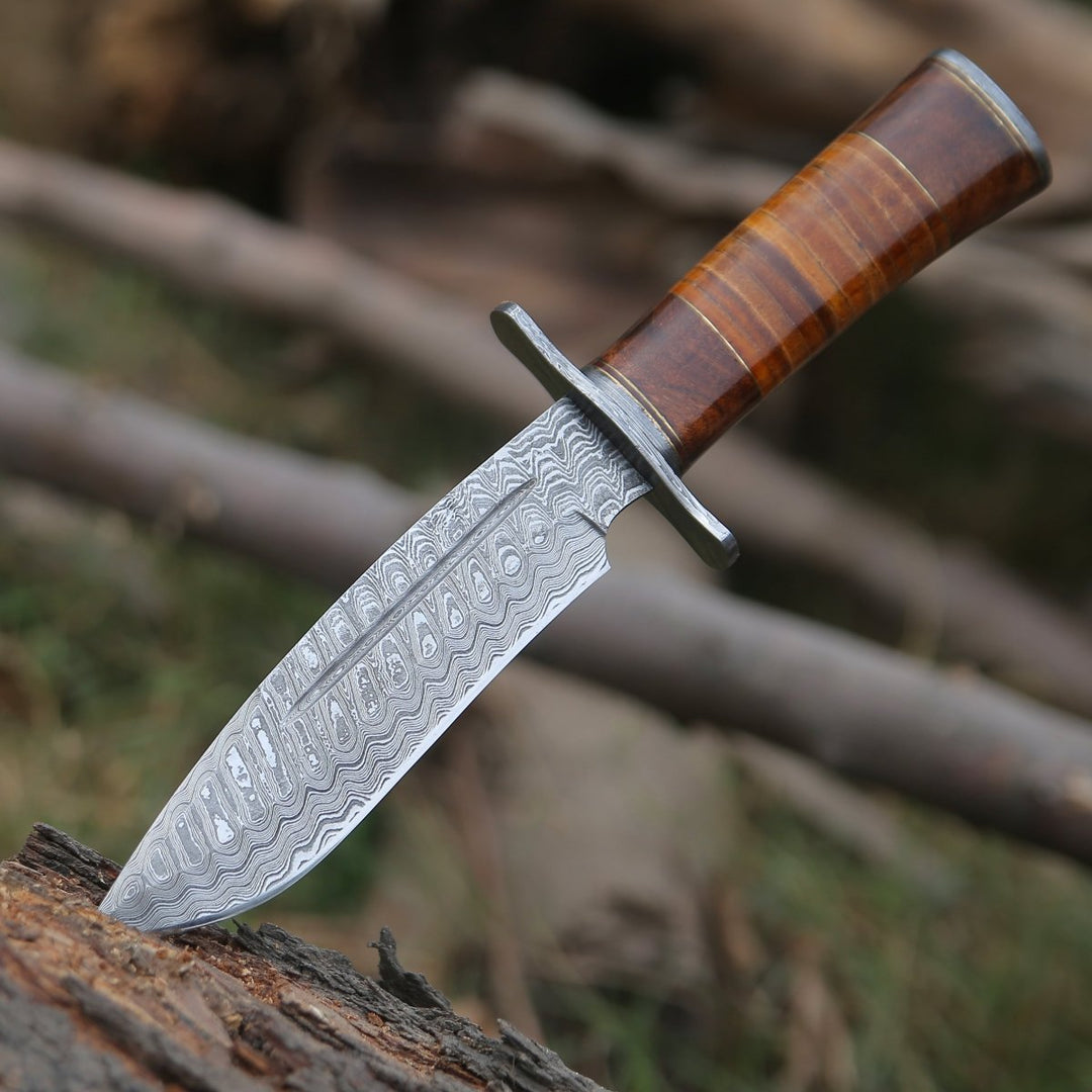 Bowie Knives Leather – Rambo Damascus Bowie Knife with Exotic Rosewood &amp; Stacked Leather Handle – shokuninusa