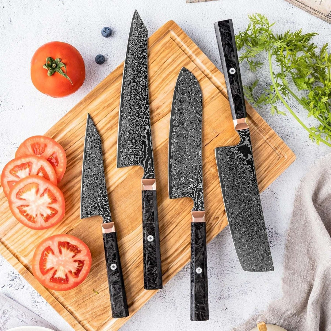 Japanese Santoku Knife – Raven Japanese 4-Piece Knife Set with VG-10 Damascus Steel &amp; Carbon Fiber Handles – shokuninusa