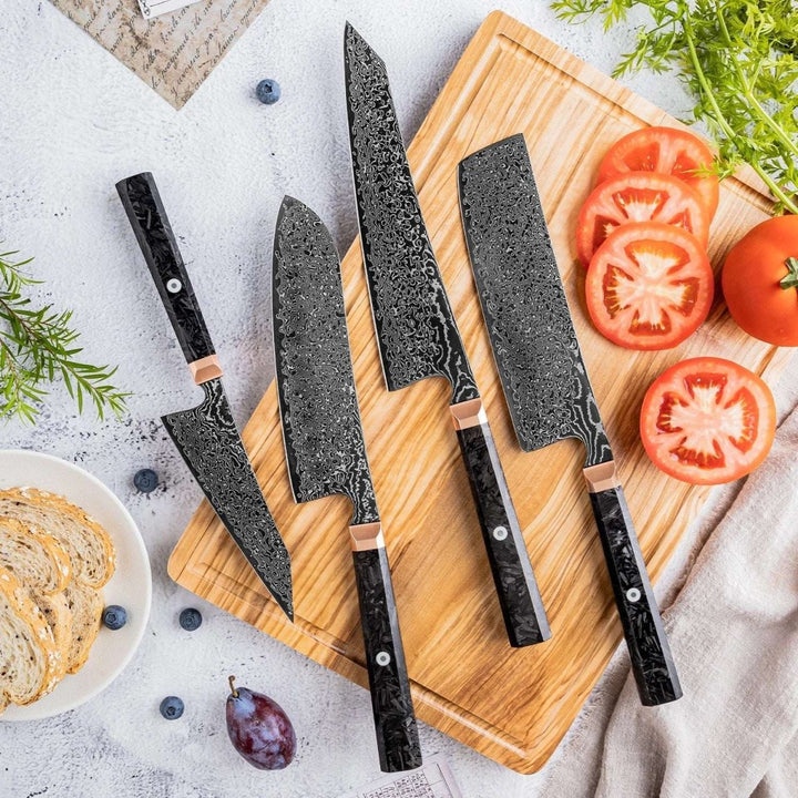 Japanese Santoku Knives – Raven Japanese 4-Piece Knife Set with VG-10 Damascus Steel &amp; Carbon Fiber Handles – shokuninusa