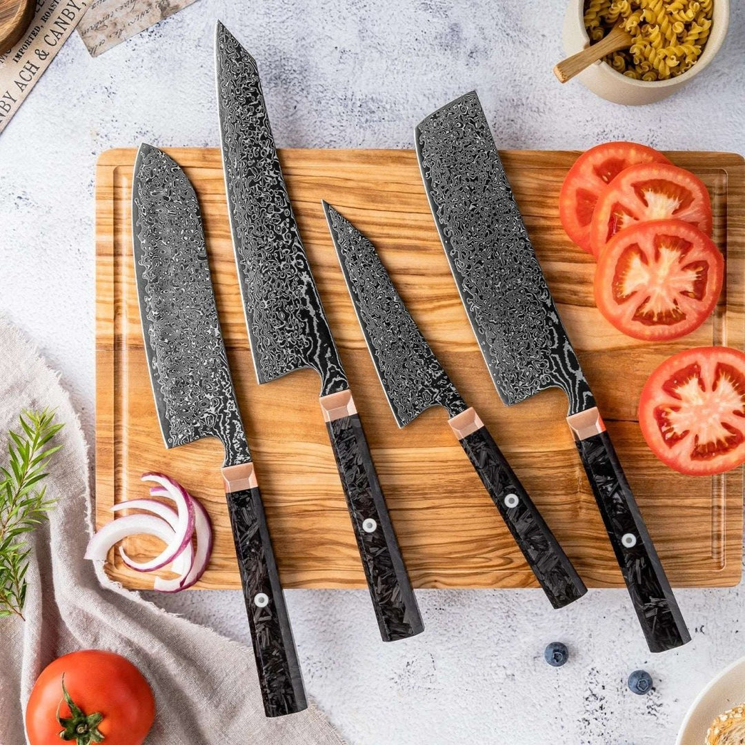 VG-10 Santoku Knives – Raven Japanese 4-Piece Knife Set with VG-10 Damascus Steel &amp; Carbon Fiber Handles – shokuninusa