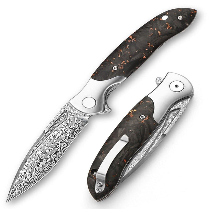 Damascus Carbon Fiber – Raven Japanese VG10 Ultralight Folding Pocket Knife with Titanium &amp; Carbon Fiber Handle – shokuninusa